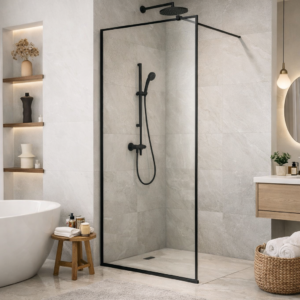 Walk-in shower glass partition with black matte stainless steel frame and 6mm clear tempered glass