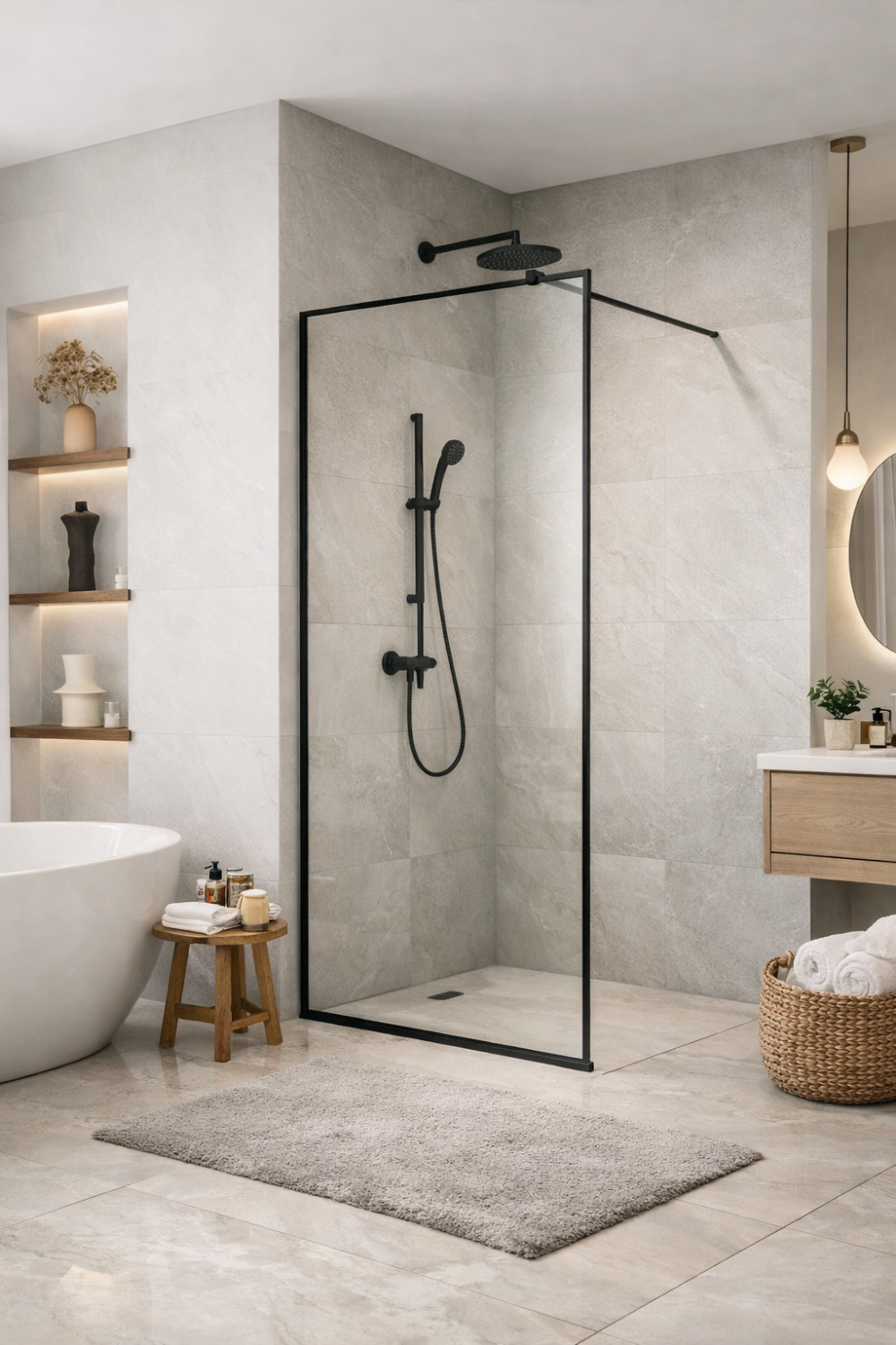 Walk-in shower glass partition with black matte stainless steel frame and 6mm clear tempered glass