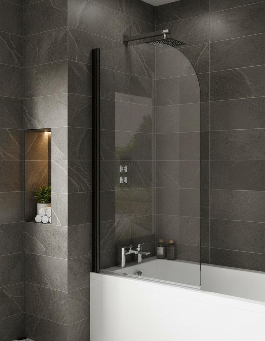 Bathtub shower door with black trim 6mm clear tempered glass