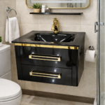 Black and gold bathroom vanity cabinet with tempered glass basin
