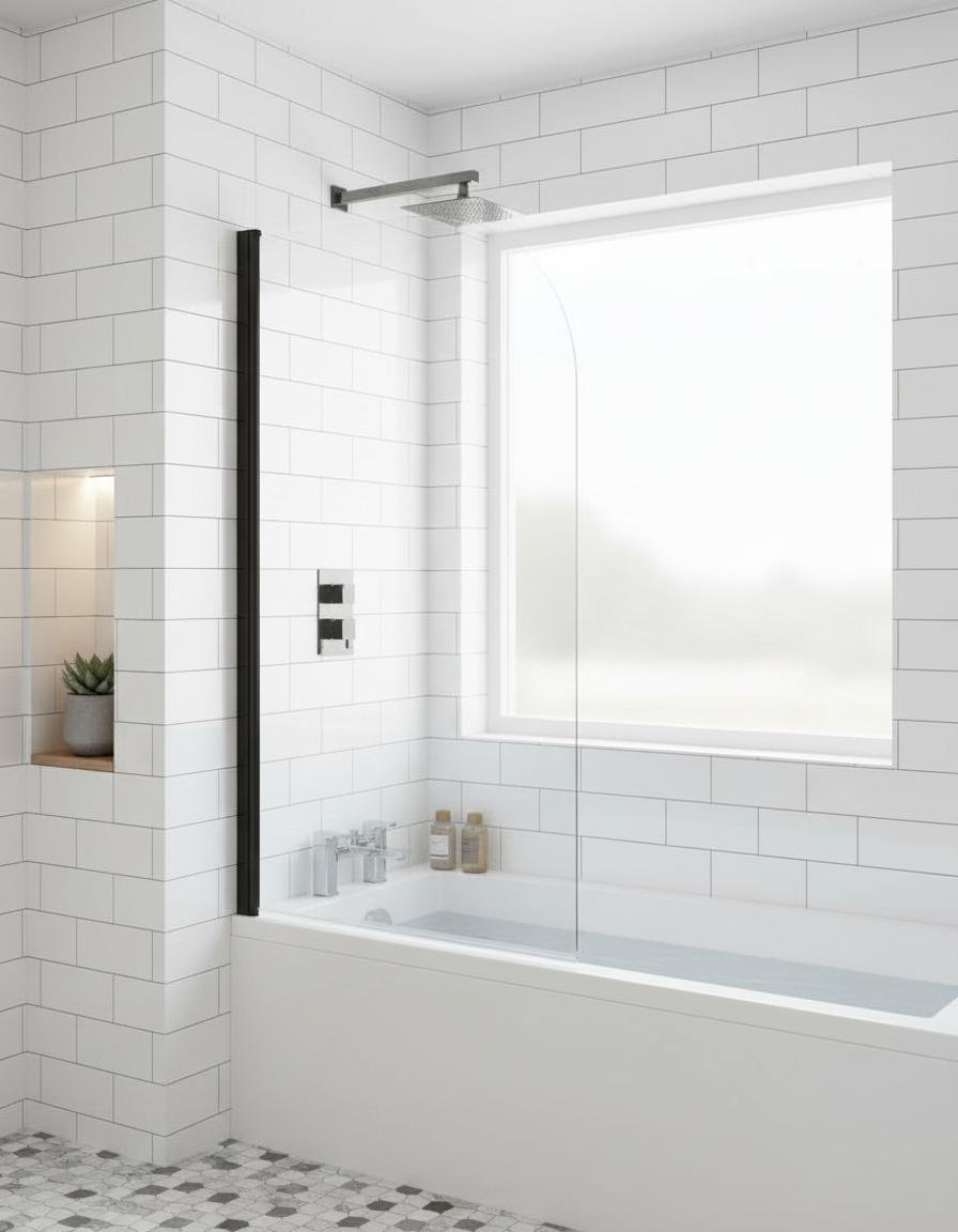 Bathtub shower door with black trim 6mm clear tempered glass