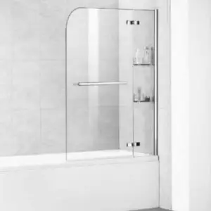Over the tub shower door with inbuilt shelves, 6mm clear tempered glass, chrome fixings, hinged 180 degree opening, UAE bathroom