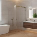 Frameless sliding shower enclosure with gold stainless steel hardware